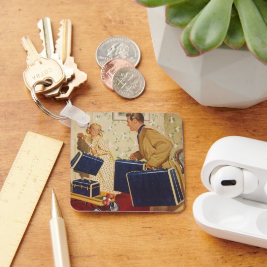 ヴィンテージ家族休暇、パパ、子供とスーツケース キーホルダー (デスク)