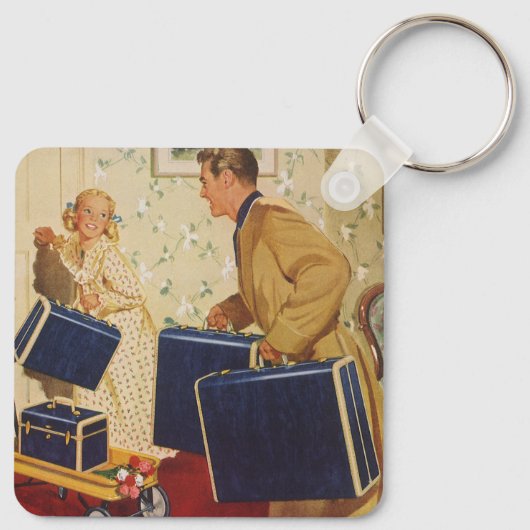 ヴィンテージ家族休暇、パパ、子供とスーツケース キーホルダー (裏面)