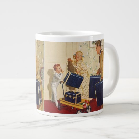 ヴィンテージ家族休暇、パパ、子供とスーツケース ジャンボコーヒーマグカップ (正面右)