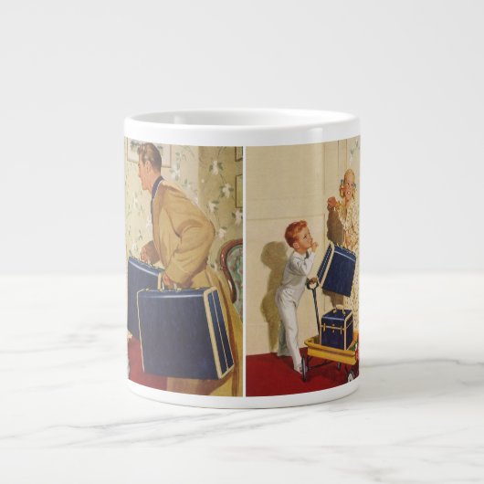 ヴィンテージ家族休暇、パパ、子供とスーツケース ジャンボコーヒーマグカップ (正面)