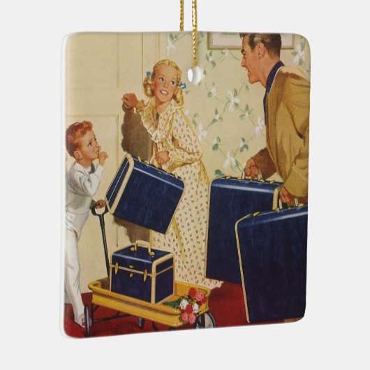 ヴィンテージ家族休暇、パパ、子供とスーツケース セラミックオーナメント (右)