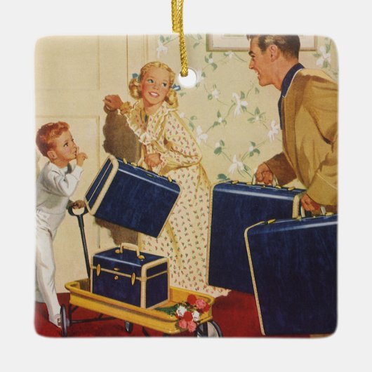 ヴィンテージ家族休暇、パパ、子供とスーツケース セラミックオーナメント (正面)