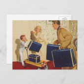 ヴィンテージ家族休暇、パパ、子供とスーツケース ポストカード (正面/裏面)