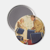 ヴィンテージ家族休暇、パパ、子供とスーツケース マグネット (正面/裏面)