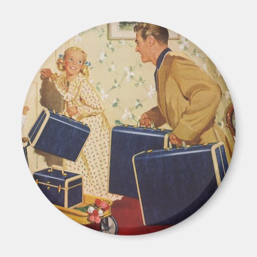 ヴィンテージ家族休暇、パパ、子供とスーツケース マグネット (正面)