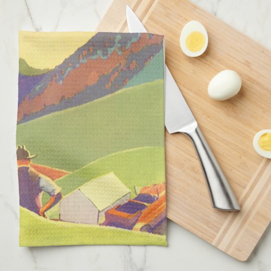 ヴィンテージ家族休暇、山の中でのピクニック キッチンタオル (四つ折り)