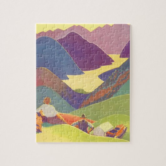 ヴィンテージ家族休暇、山の中でのピクニック ジグソーパズル (縦)