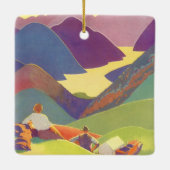 ヴィンテージ家族休暇、山の中でのピクニック セラミックオーナメント (裏面)