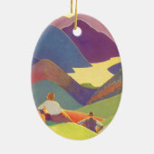 ヴィンテージ家族休暇、山の中でのピクニック セラミックオーナメント (裏面)