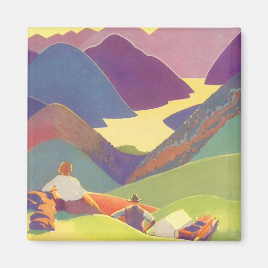 ヴィンテージ家族休暇、山の中でのピクニック マグネット (正面)