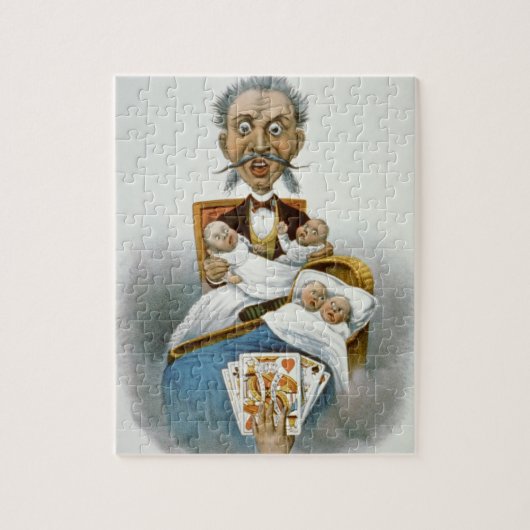 ヴィンテージ家族、父とベビーとトランプのポーカー手 ジグソーパズル (縦)