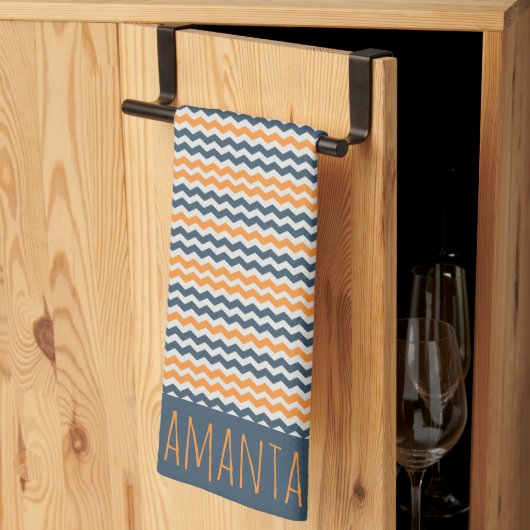 ヴィンテージ対角幾何学オレンジグレー名 キッチンタオル (三つ折り)