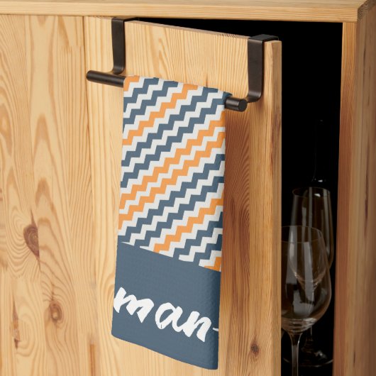 ヴィンテージ対角幾何学オレンジグレー名 キッチンタオル (三つ折り)