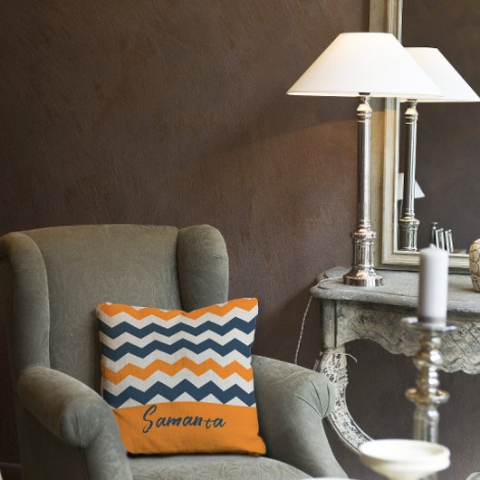 ヴィンテージ対角幾何学オレンジグレー名 クッション