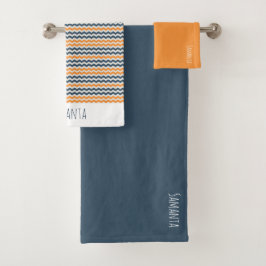 ヴィンテージ対角幾何学オレンジグレー名 バスタオルセット