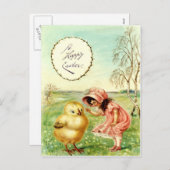 ヴィンテージ小さな女の子とシックなイースターカード シーズンポストカード (正面/裏面)