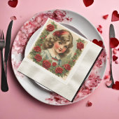 ヴィンテージ小さな女の子とバラ 縁ありカクテルナプキン