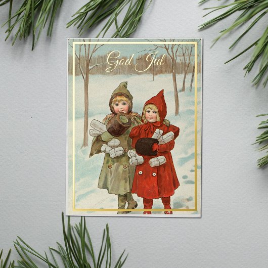 ヴィンテージ小さな女の子と小包 – 黄金 箔シーズンポストカード