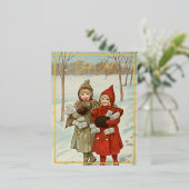 ヴィンテージ小さな女の子と小包 – 黄金 箔シーズンポストカード (立ち正面)