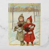 ヴィンテージ小さな女の子と小包 – 黄金 箔シーズンポストカード (正面)