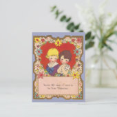 ヴィンテージ小さな女の子と男の子のハートバレンタイン ポストカード (スタンド正面)