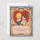 ヴィンテージ小さな女の子と男の子のハートバレンタイン ポストカード (正面/裏面)