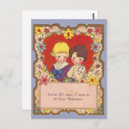 ヴィンテージ小さな女の子と男の子のハートバレンタイン ポストカード (正面/裏面)