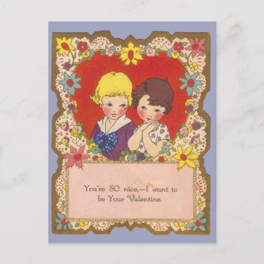 ヴィンテージ小さな女の子と男の子のハートバレンタイン ポストカード (正面)
