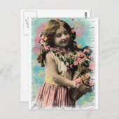ヴィンテージ小さな女の子と花 ポストカード (正面/裏面)