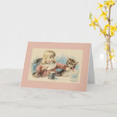 ヴィンテージ小さな女の子とCatノートカード カード (黄色い花)