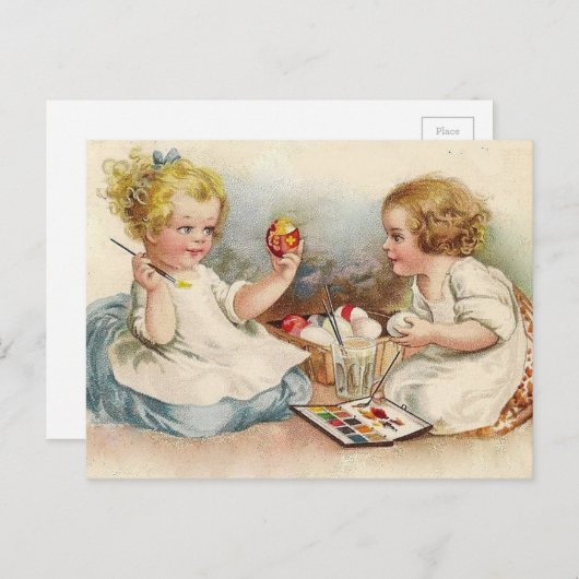 ヴィンテージ小さな女の子の着色イースターエッグ シーズンポストカード (正面/裏面)