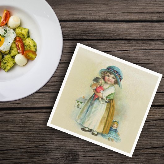 ヴィンテージ小さな女の子ぽちゃぽちゃぽちゃのハットドール スタンダードカクテルナプキン