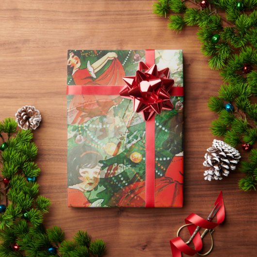 ヴィンテージ小さな女の子イン赤いドレス&クリスマスツリー ラッピングペーパー (クリスマスギフト)
