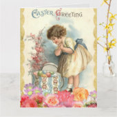 ヴィンテージ小さな女の子イースター カード (黄色い花)