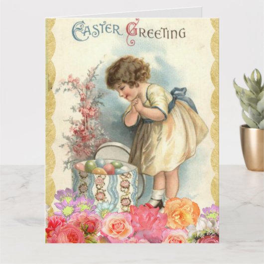 ヴィンテージ小さな女の子イースター カード (小さな植物)