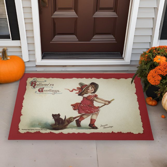 ヴィンテージ小さな女の子ウィッチオンブロムハロウィーン ドアマット (Vintage Little Girl Witch on Broom Halloween Doormat)
