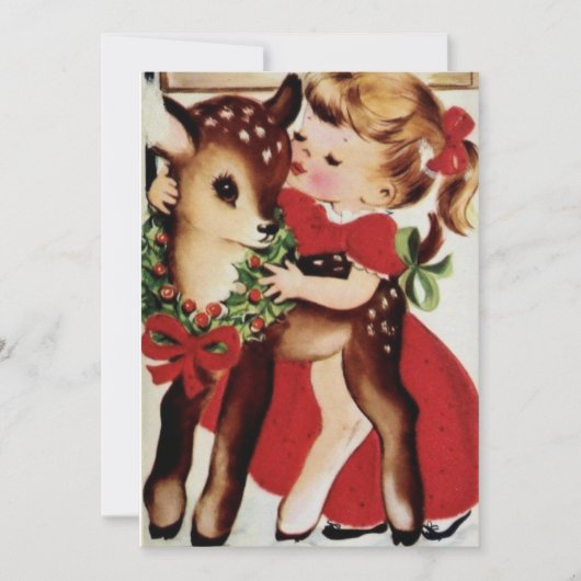 ヴィンテージ小さな女の子キスをするベビークリスマスディアー シーズンカード (正面)