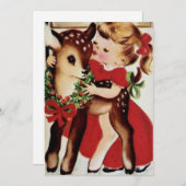 ヴィンテージ小さな女の子キスをするベビークリスマスディアー シーズンカード (正面/裏面)