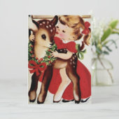 ヴィンテージ小さな女の子キスをするベビークリスマスディアー シーズンカード (スタンド正面)