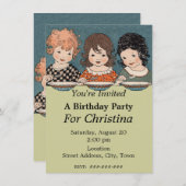 ヴィンテージ小さな女の子スリーシスター誕生日 招待状 (正面/裏面)