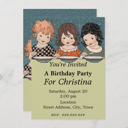 ヴィンテージ小さな女の子スリーシスター誕生日 招待状 (正面/裏面)