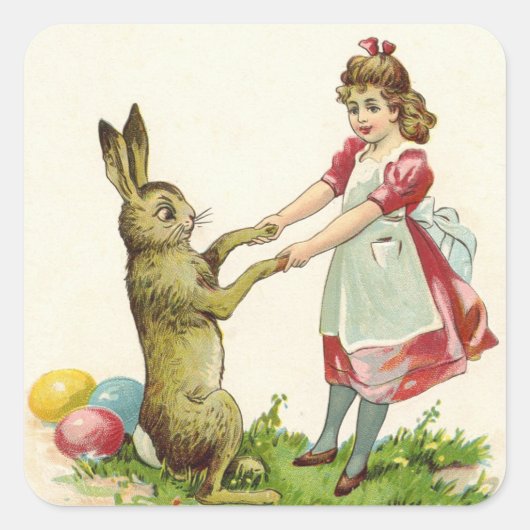 ヴィンテージ小さな女の子ダンスウィズバニーイースターエッグ スクエアシール (正面)