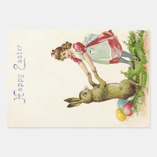 ヴィンテージ小さな女の子ダンスウィズバニーイースターエッグ ラッピングペーパーシート (正面2)