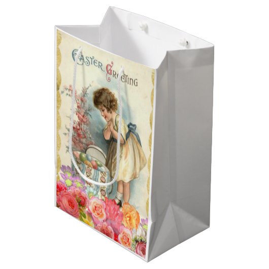 ヴィンテージ小さな女の子ハッピーイースター卵 ミディアムペーパーバッグ (正面アングル)