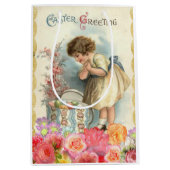 ヴィンテージ小さな女の子ハッピーイースター卵 ミディアムペーパーバッグ (正面)