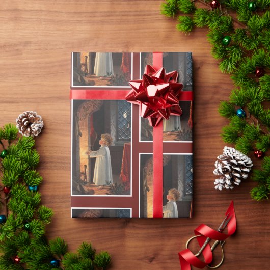 ヴィンテージ小さな女の子バイ暖炉クリスマスホリデー ラッピングペーパー (クリスマスギフト)