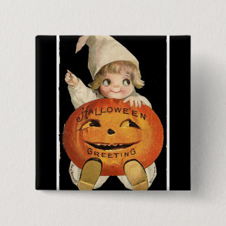 ヴィンテージ小さな女の子ビッグハロウィーンパンプキンスクエア 缶バッジ