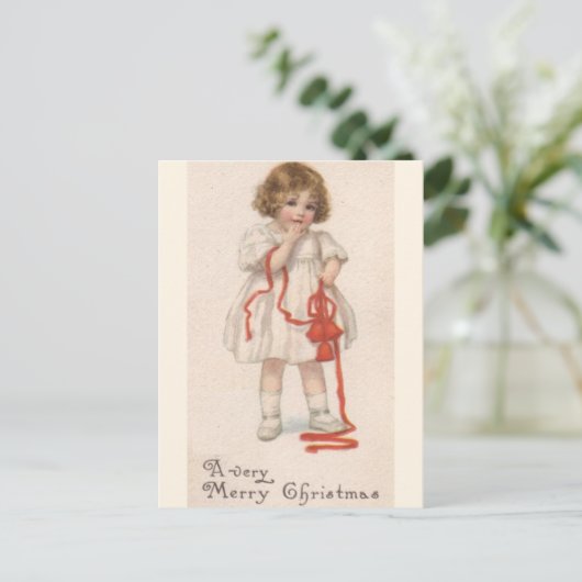ヴィンテージ小さな女の子付きクリスマスリボン シーズンポストカード (スタンド正面)