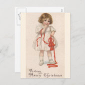 ヴィンテージ小さな女の子付きクリスマスリボン シーズンポストカード (正面/裏面)