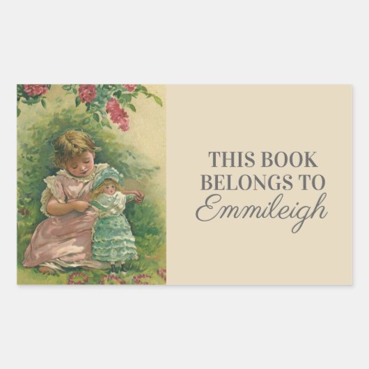 ヴィンテージ小さな女の子付きベビー人形蔵書票 長方形シール (正面)